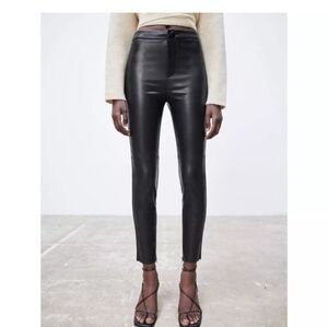 Zara Black Faux Leather Side Zip Ankle Legging Pants sz S
